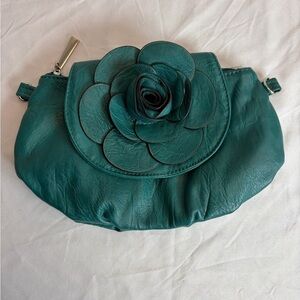Teal Floral Clutch Bag | Faux Leather Flower Detail Snap Closure
